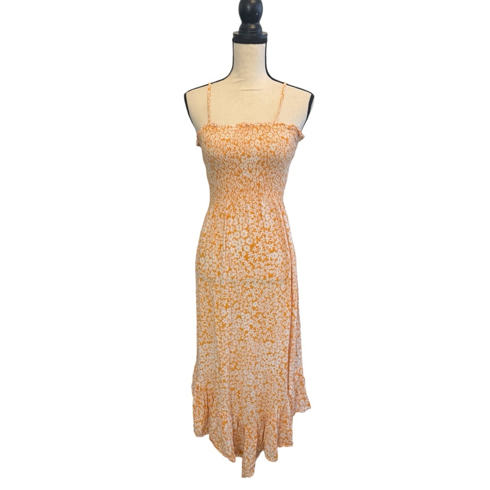 Angie Sleeveless Strap Orange Floral Rayon Maxi Spring Summer Dress Women L